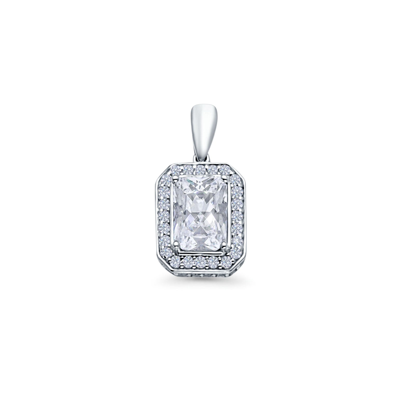 14K White Gold Emerald Cut Cubic Zirconia Pendant 16mmX8mm With 16 Inch To 22 Inch 1.2MM Width Side DC Rolo Cable Chain Necklace