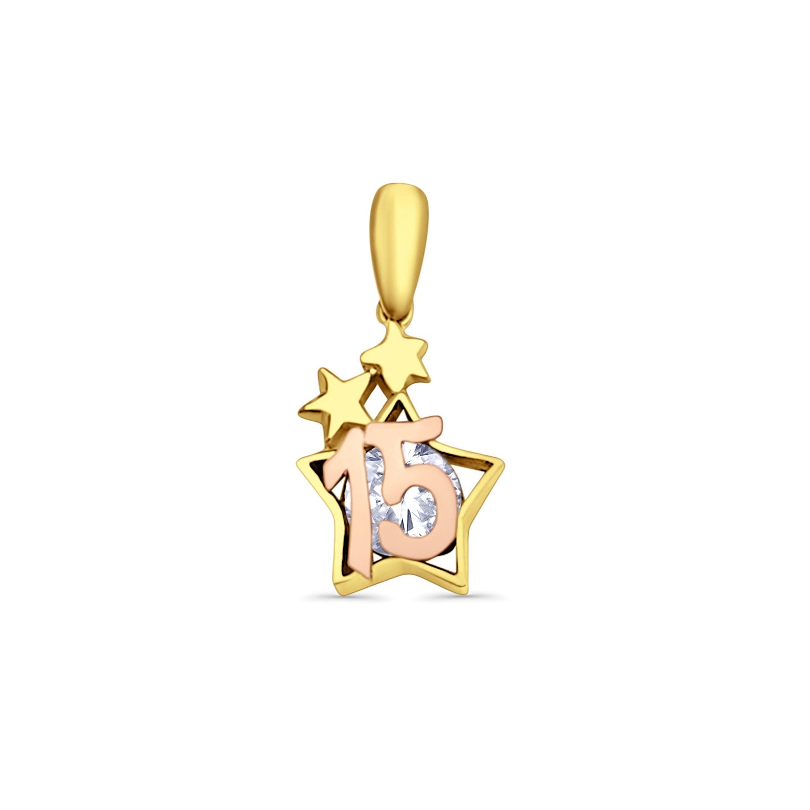 14K Two Tone Gold Star CZ 15Years Pendant 20mmX10mm With 16 Inch To 22 Inch 0.5MM Width Box Chain Necklace