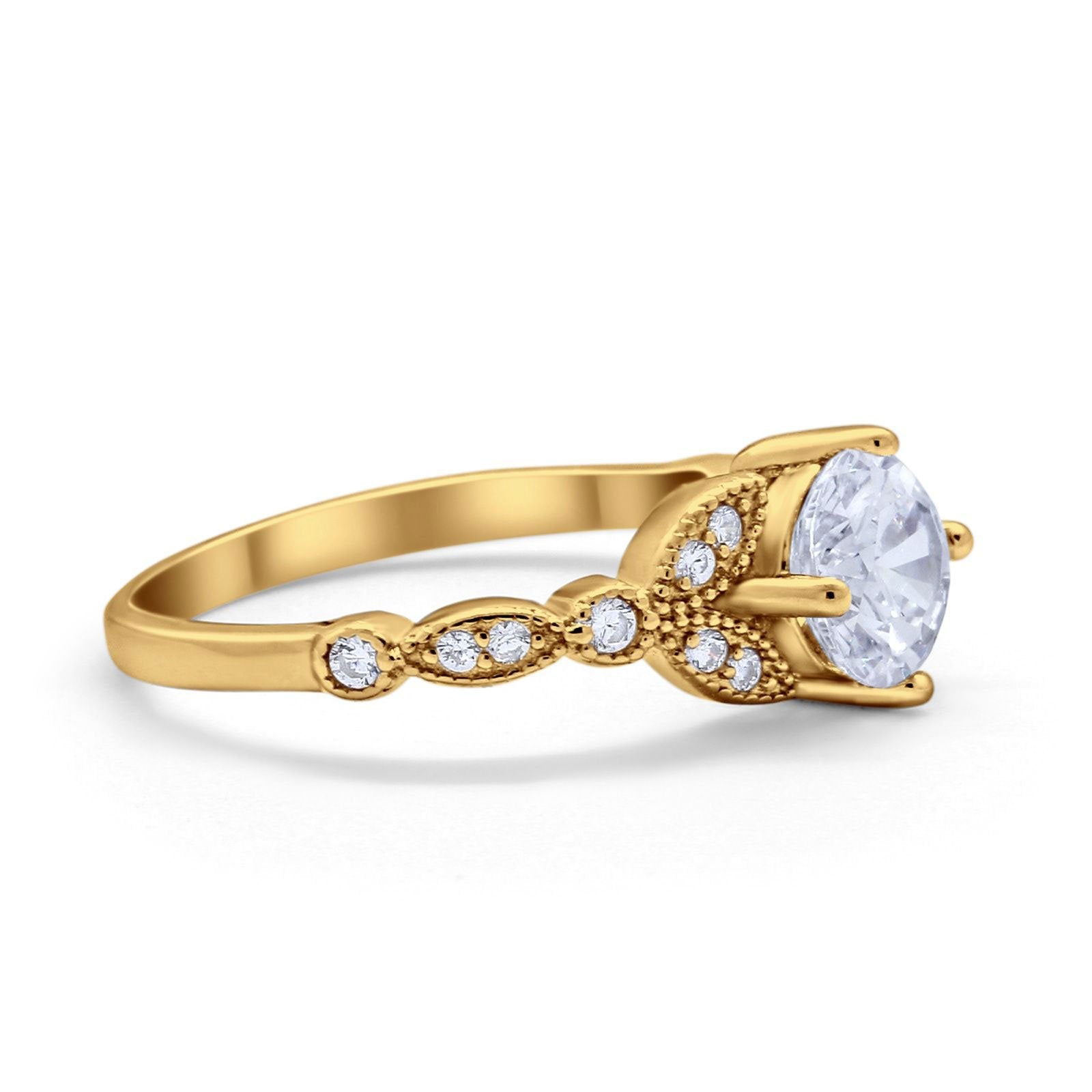 14K Gold Art Deco Round Shape Simulated Cubic Zirconia Wedding Bridal Ring