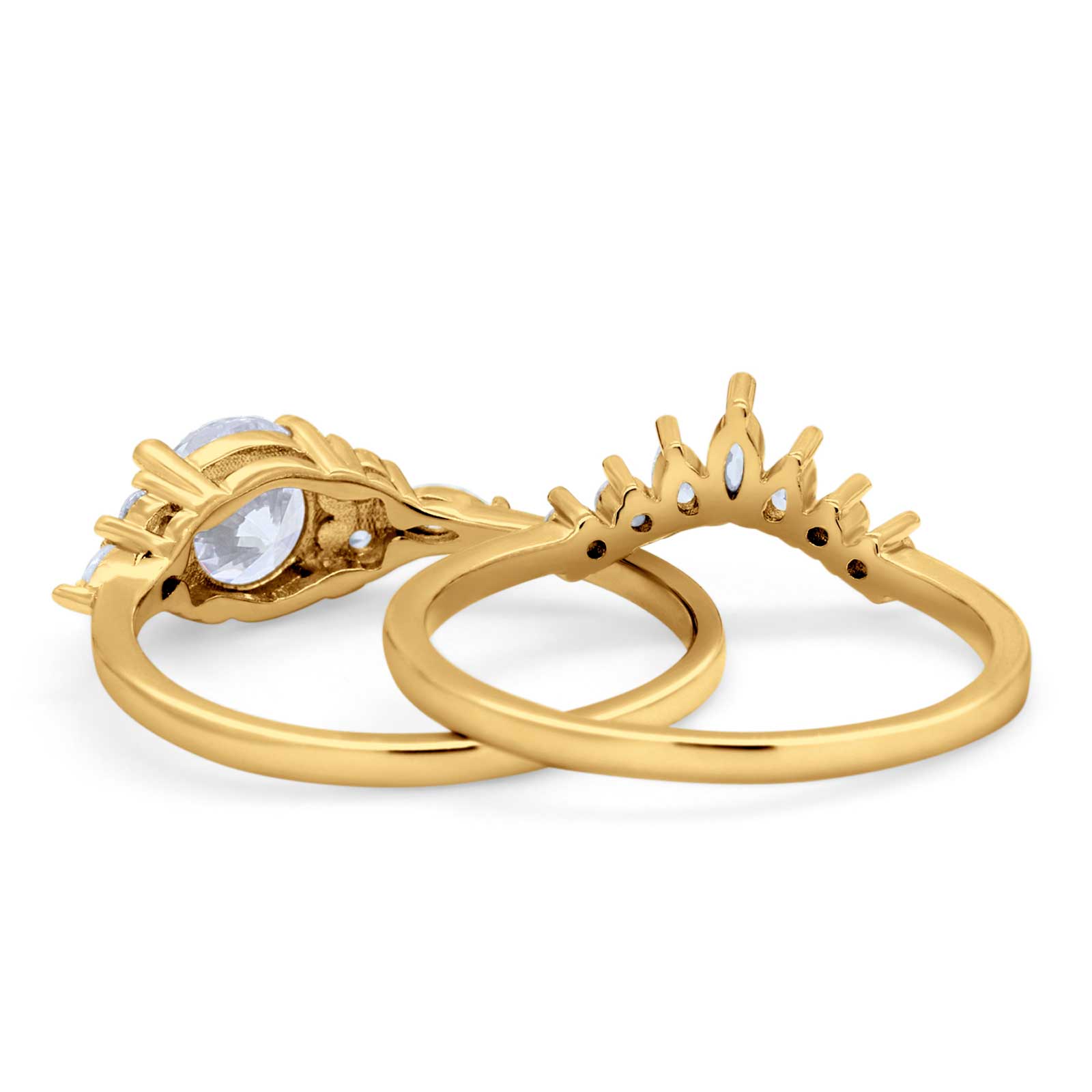 14K Gold Two Piece Round Shape Bridal Set Band Simulated CZ Wedding Engagement Ring