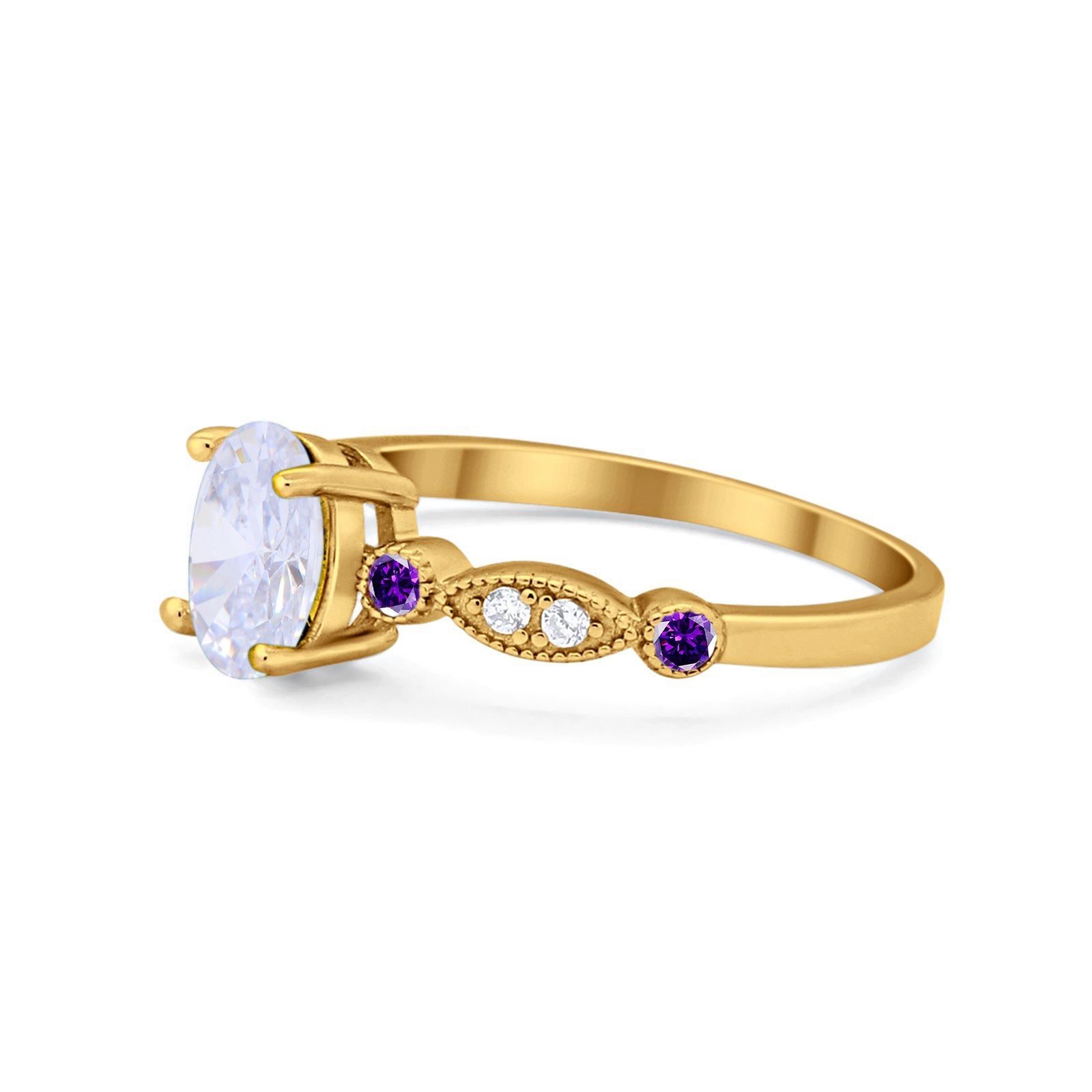 14K Gold Vintage Style Oval Shape Bridal Amethyst Simulated Cubic Zirconia Wedding Engagement Ring