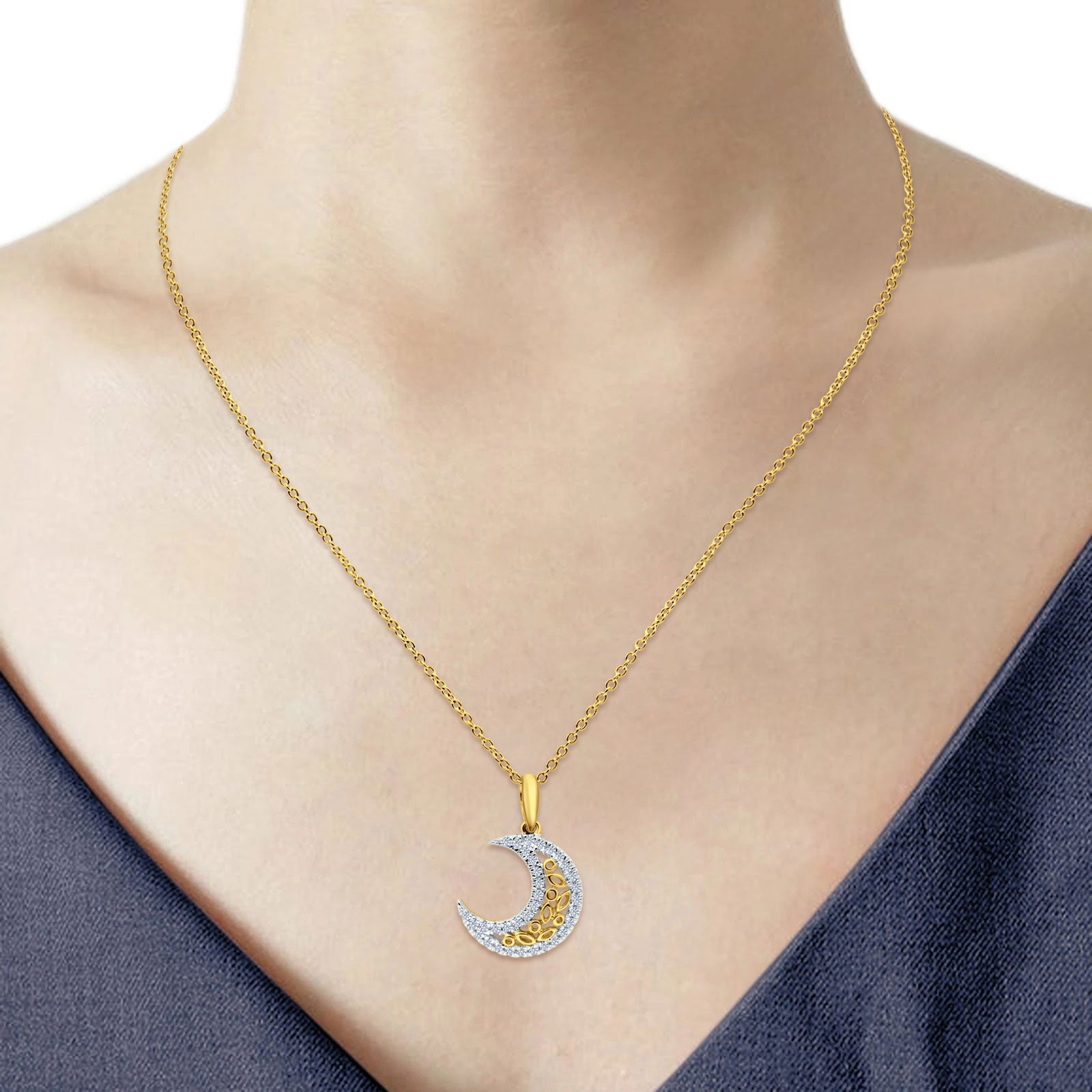 14K Gold .17ct G SI Diamond Crescent Moon Pendant Necklace 18" Chain