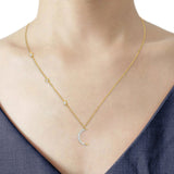 14K Gold 0.07ct Diamond Star Crescent Moon Trendy Necklace 18" Long