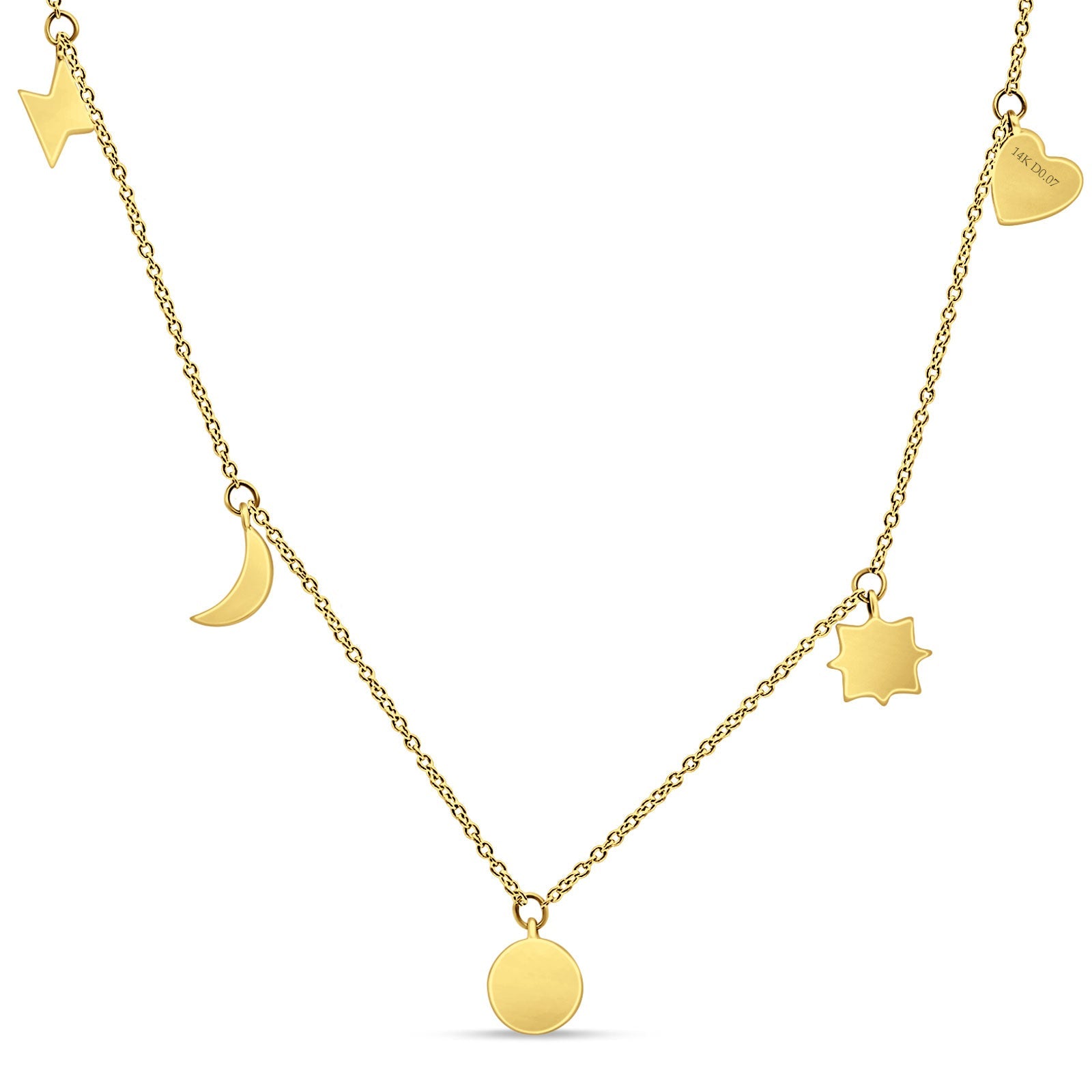 Dangling Moon Star Heart Diamond Necklace 14K Gold 0.07ct