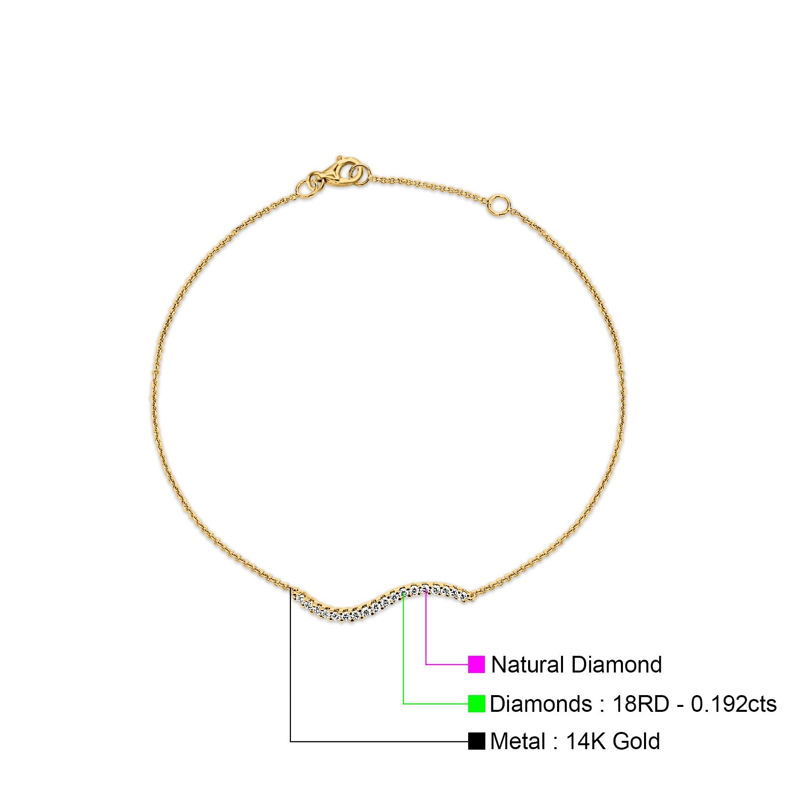 14K Gold 0.192ct Diamond Wave Bar Bracelet Solid 26mm G SI Natural Diamond Engagement Wedding Bracelets