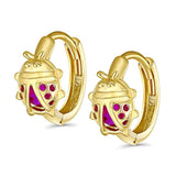 14K Yellow Gold Ladybug Pink CZ Huggie Hoop Earrings (10mm)