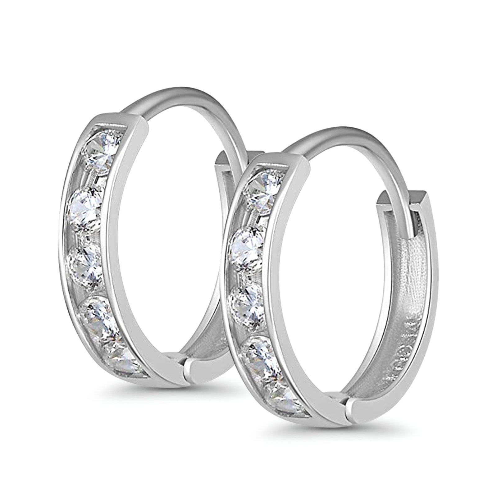 14k White Gold Half Eternity Round CZ Channel Set Hoop Huggie Earrings - 3 Differnet Size Available, Best Birthday Gift for Her
