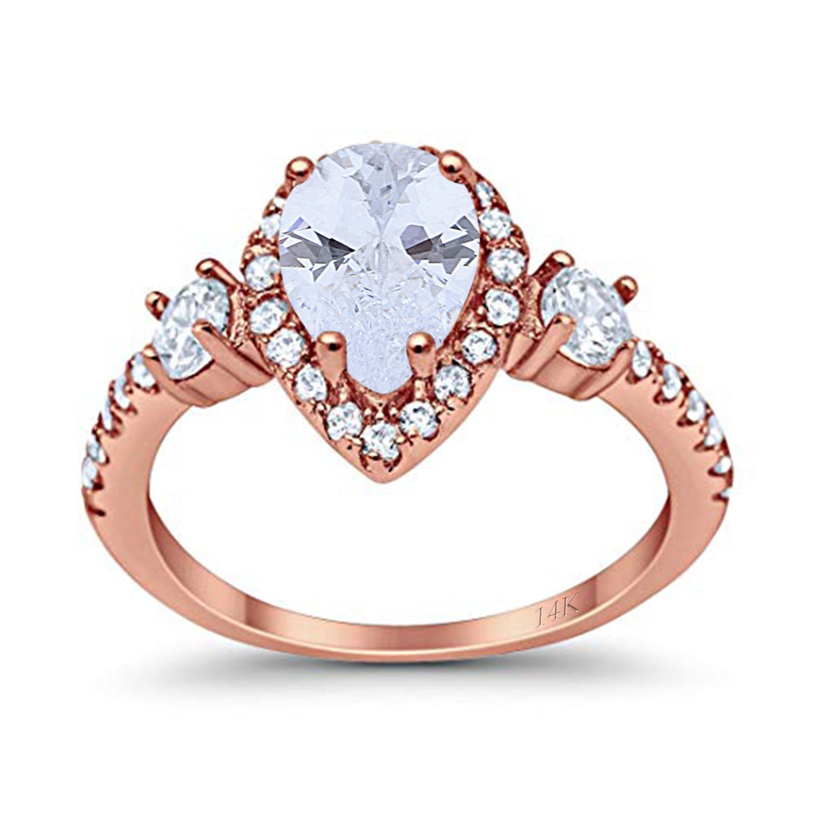 14K Gold Three Stone Halo Teardrop Pear Shape Fashion Bridal Wedding Engagement Ring Simulated CZ