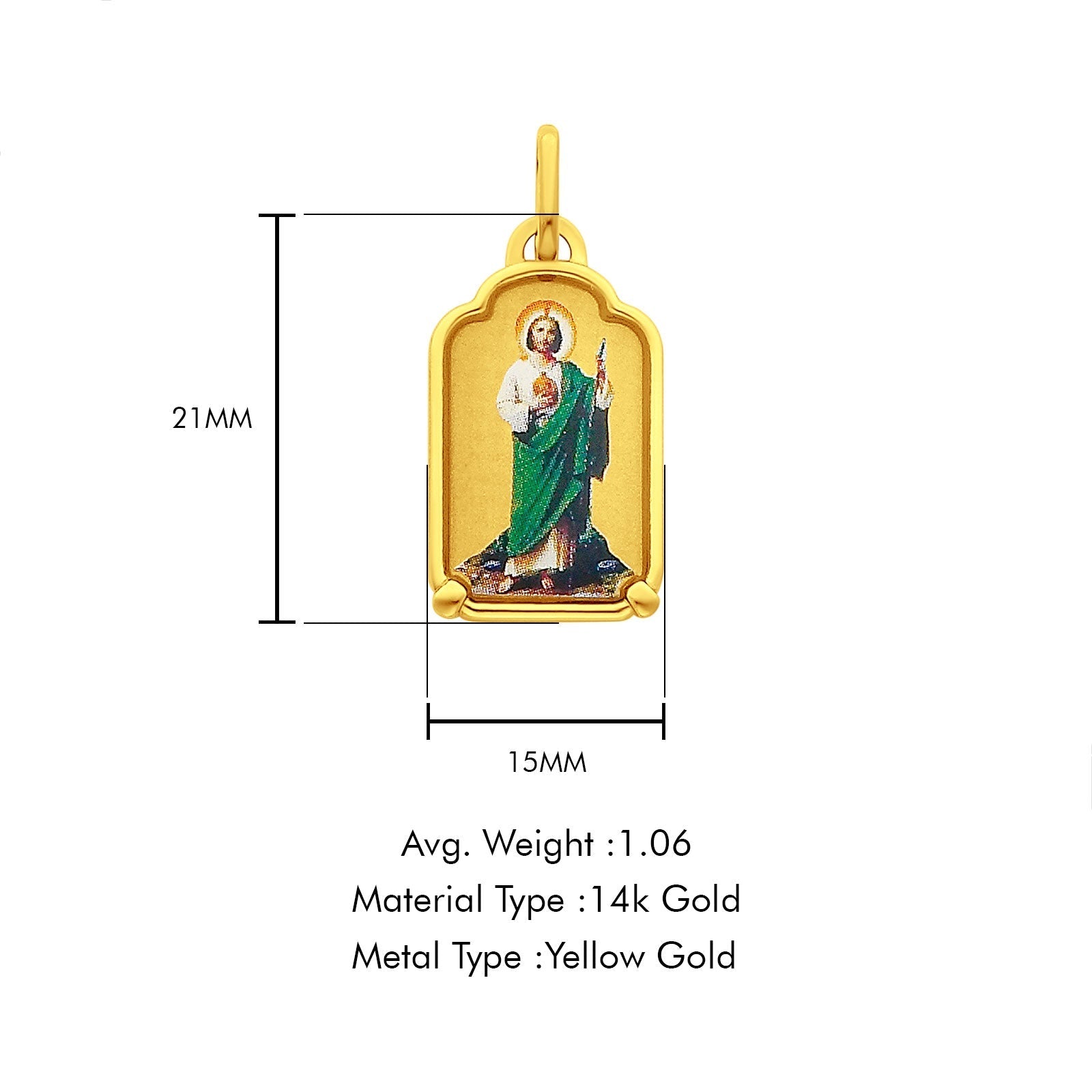 14K Yellow Gold St. Jude Enamel Picture Religious Pendant 21mmX15mm 1.0 grams