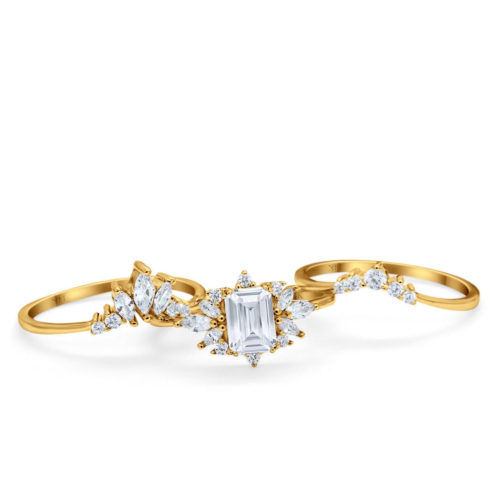 14K Gold Three Piece Emerald Cut Shape Simulated Cubic Zirconia Bridal Set Engagement Rings
