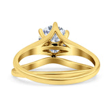 14K Gold Two Piece Vintage Solitaire Round Shape Bridal Set Ring Wedding Band Simulated CZ