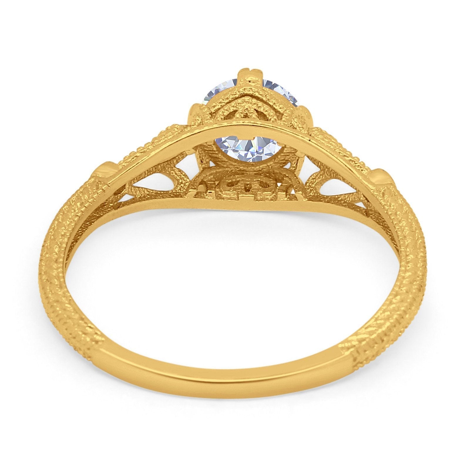 14K Gold Round Shape Vintage Design Solitaire Bridal Simulated CZ Wedding Engagement Ring