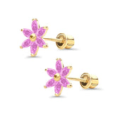 Solid 14K Yellow Gold Flower Stud Earrings Simulated Cubic Zirconia With Screw Back - 3 Different Color Available, Best Anniversary Birthday Gift for Her