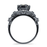 Ring mit zwei Sonnenblumen-Design, rund, natürlicher schwarzer Onyx, 925er-Sterlingsilber