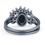 Vintage Oval Natural Black Onyx Art Deco Bridal Set Engagement Ring