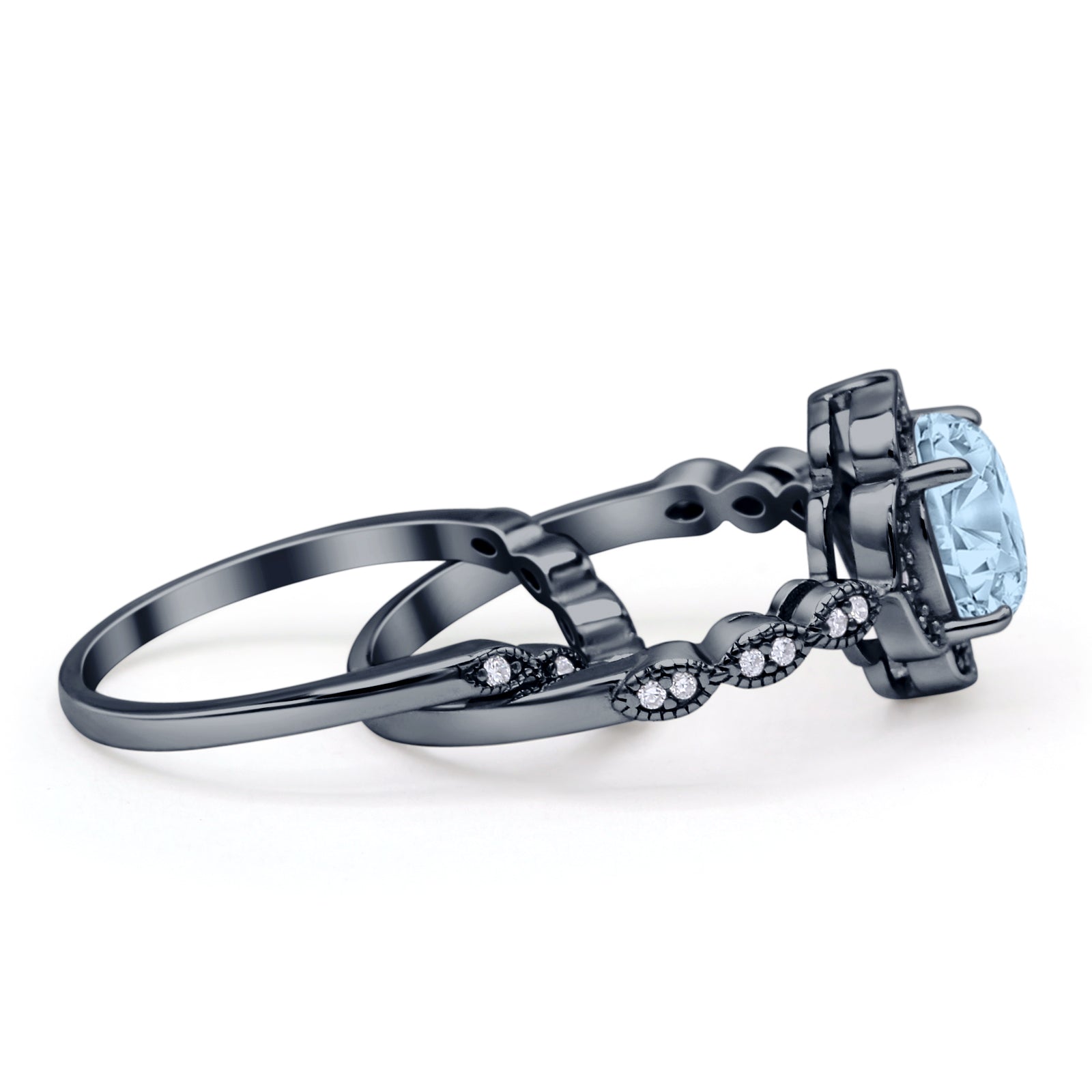 Vintage Style Round Natural Aquamarine Floral Bridal Set Engagement Ring