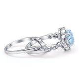 Vintage Style Round Natural Aquamarine Floral Bridal Set Engagement Ring