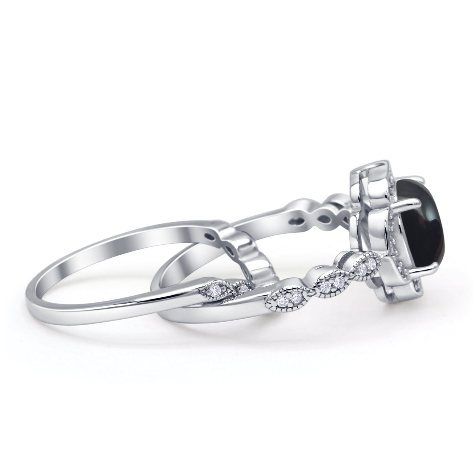 Vintage Style Round Natural Black Onyx Floral Bridal Set Engagement Ring