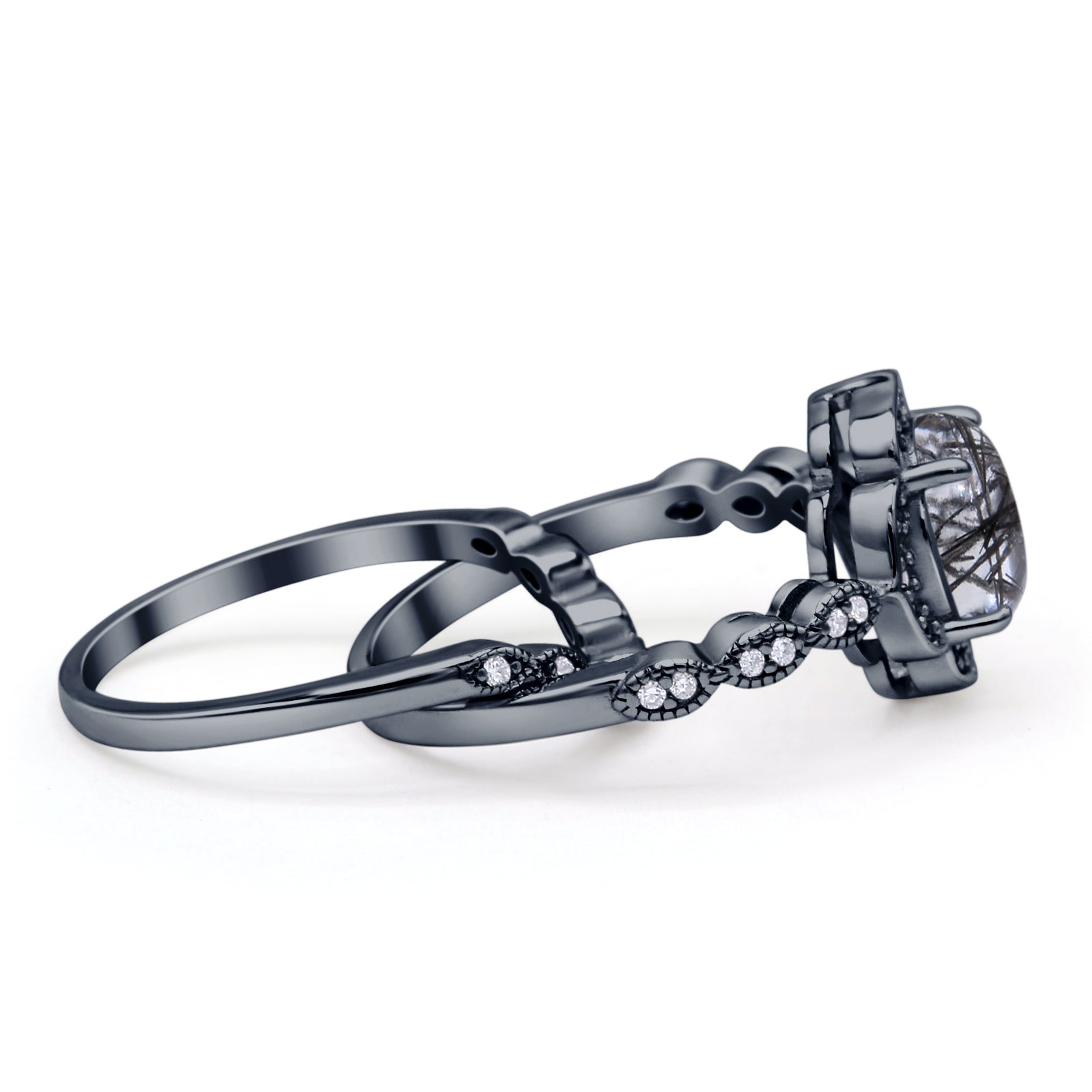 Vintage Style Round Natural Rutilated Quartz Floral Bridal Set Engagement Ring