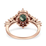 Halo Art Deco Oval Natural Green Moss Agate Engagement Ring