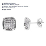 Solid 14K White Gold 8mm Round Diamond Square Hip Hop Stud Earrings