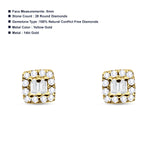 Solid 14K Gold 5mm Modern Square Round Baguette Diamond Stud Earrings Push Back