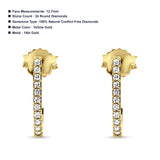 Solid 14K Gold 12.7mm J Shaped Classic Hoop Push Back Round Diamond Stud Earring