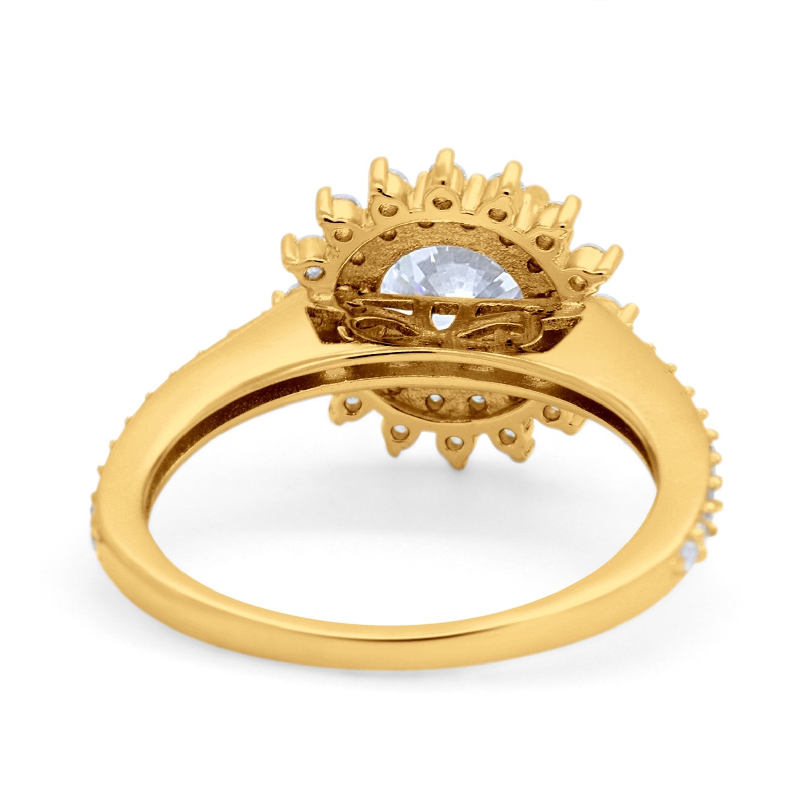 14K Gold Halo Starburst Flower Round Shape Simulated Cubic Zirconia Engagement Rings