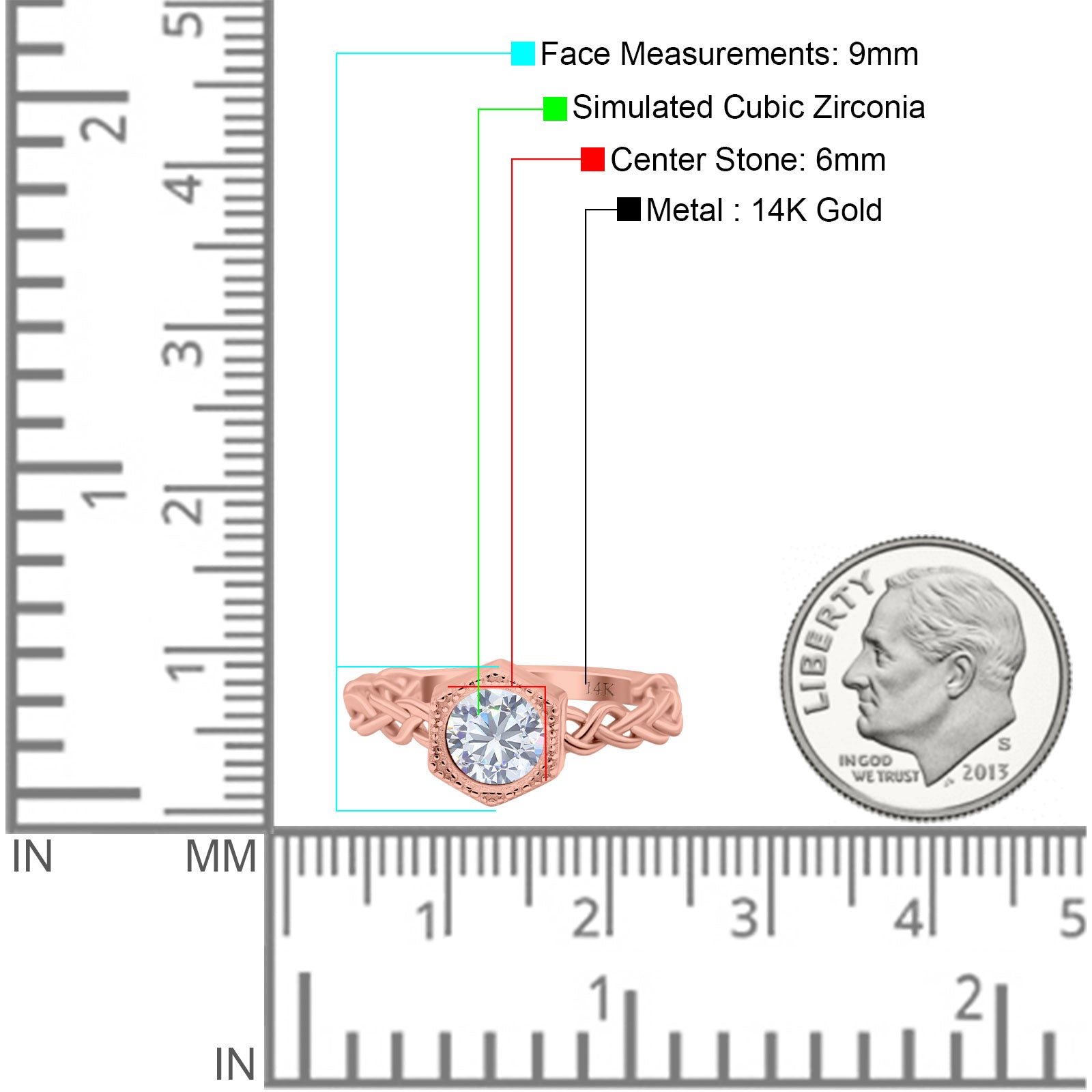 14K Gold Art Deco Hexagon Round Shape Bridal Simulated Cubic Zirconia Wedding Engagement Ring