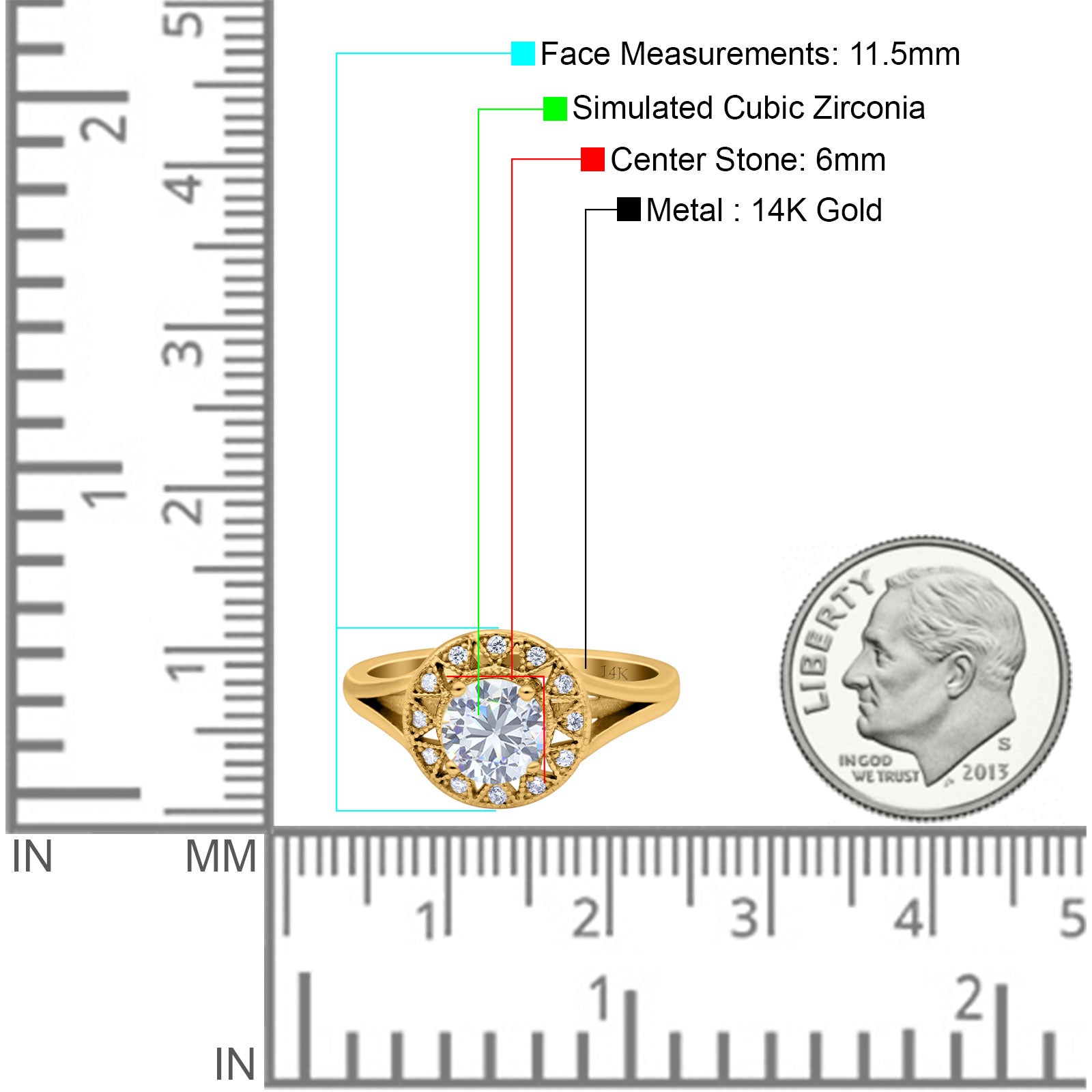 14K Gold Celtic Halo Round Shape Simulated Cubic Zirconia Wedding Engagement Ring