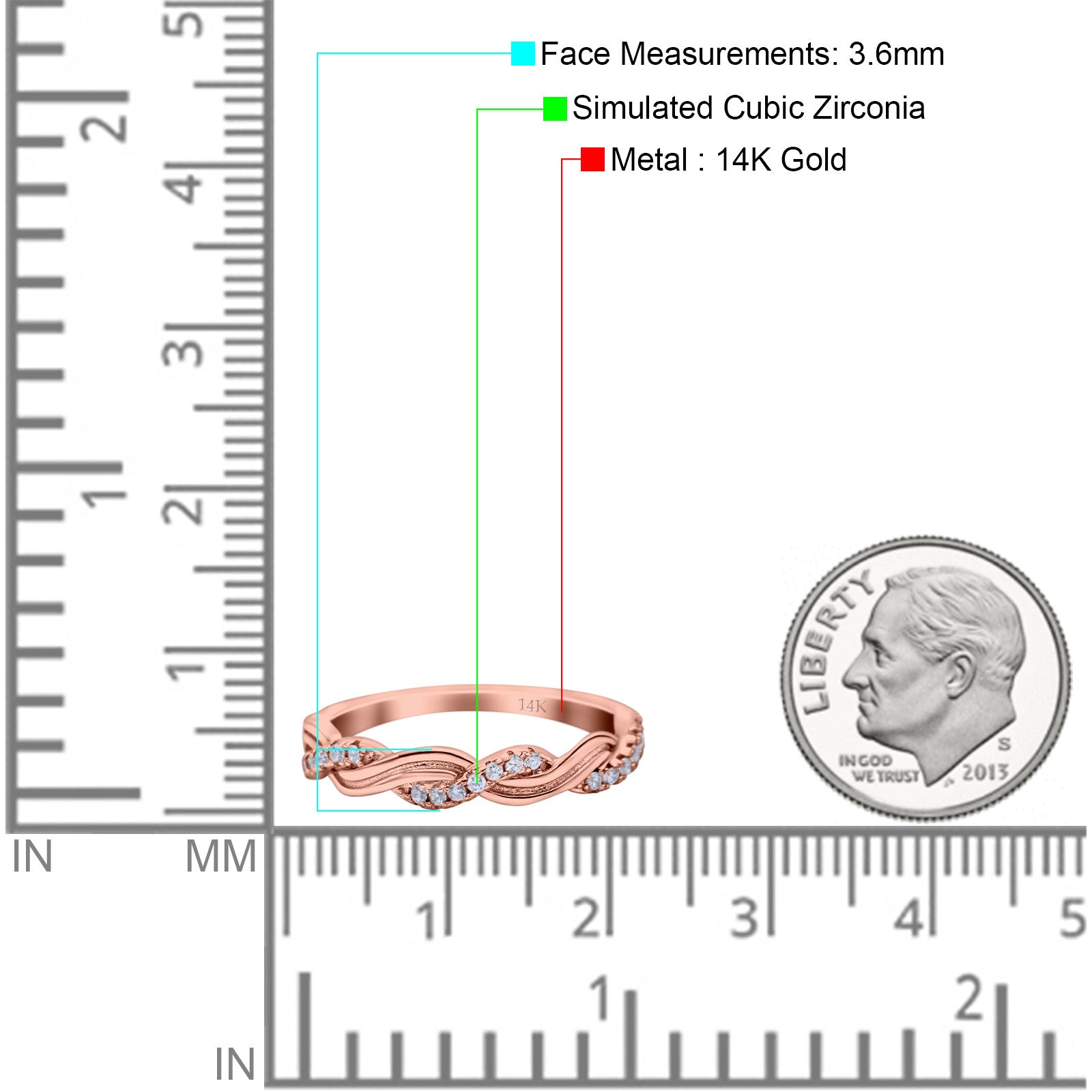 14K Gold Half Eternity Rope Ring Wedding Engagement Band Round Shape Pave Simulated CZ