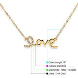 14K Gold 0.06ct Diamond Heart Love Script Pendant Necklace 16"+2" Ext