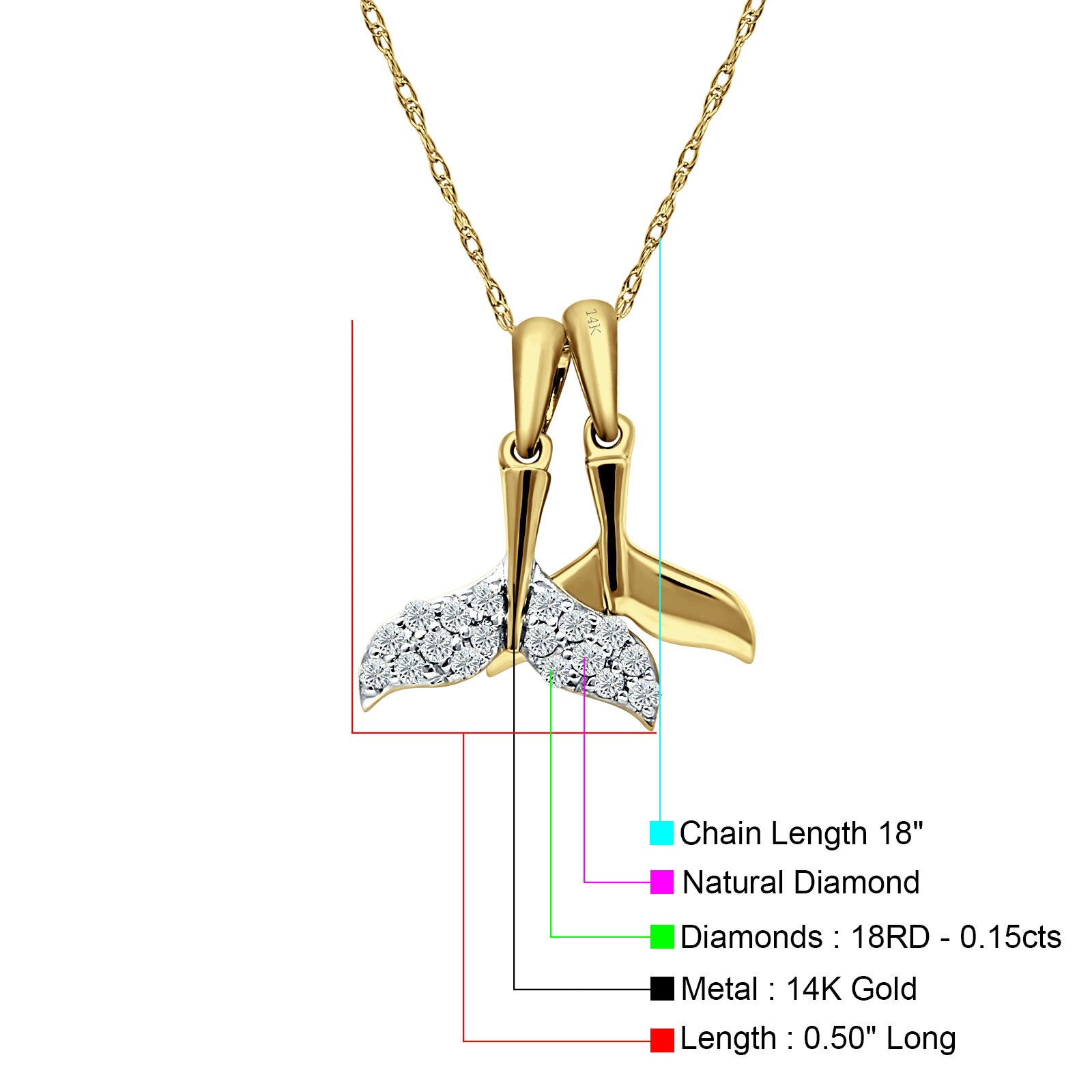 14K Gold 0.15ct Whale Tail Diamond Pendant Chain Necklace 18" Long