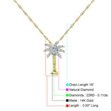 14K Gold 0.11ct Palm Tree Diamond Pendant Chain Necklace 18" Long