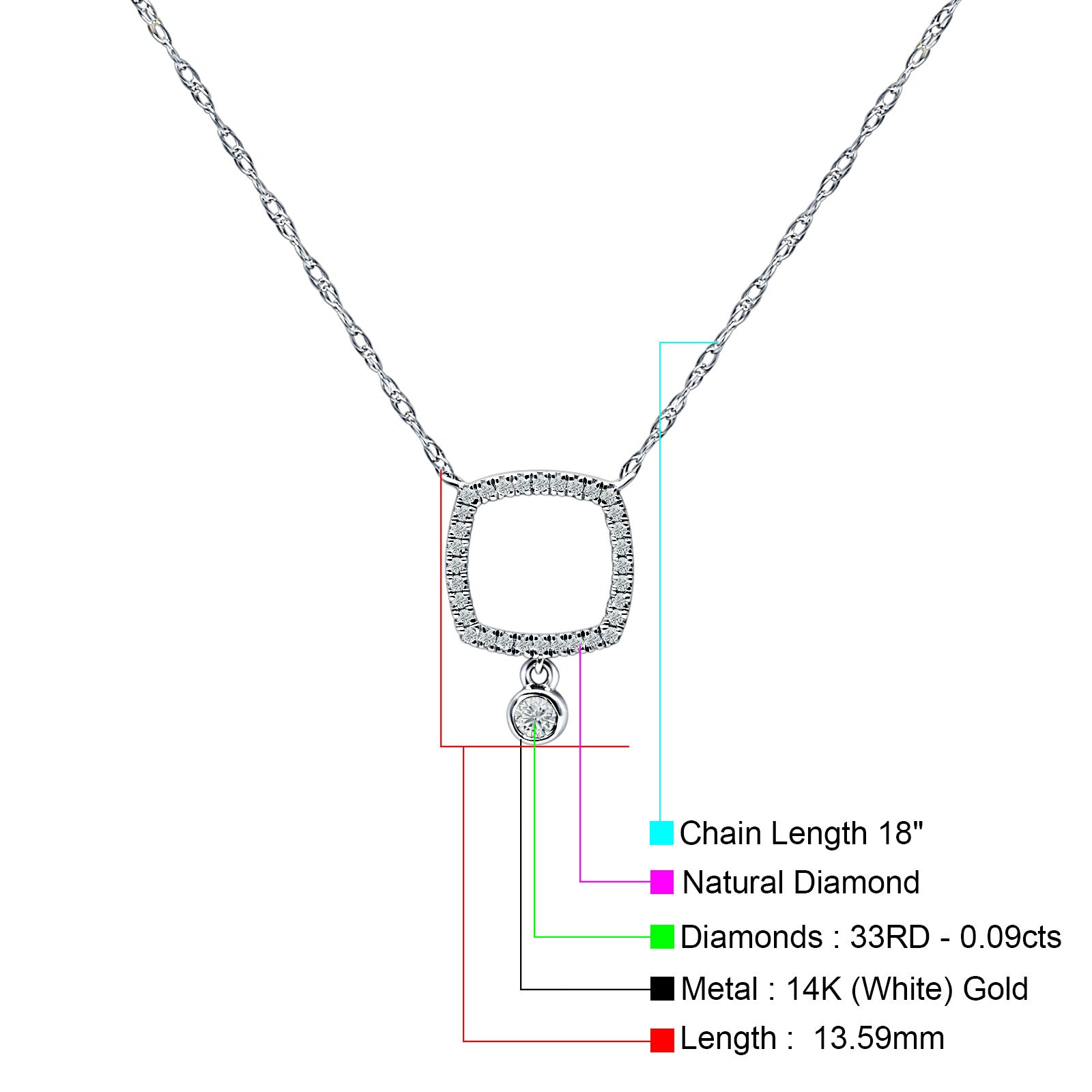 Dangling Diamond Cushion Cut Necklace 14K Gold 0.09ct