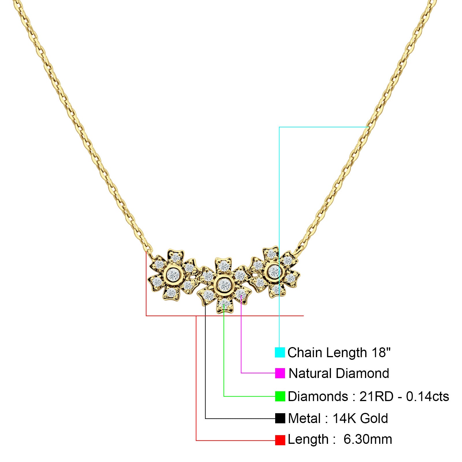 Diamond Pendant Flower Necklace 14K Gold 0.14ct