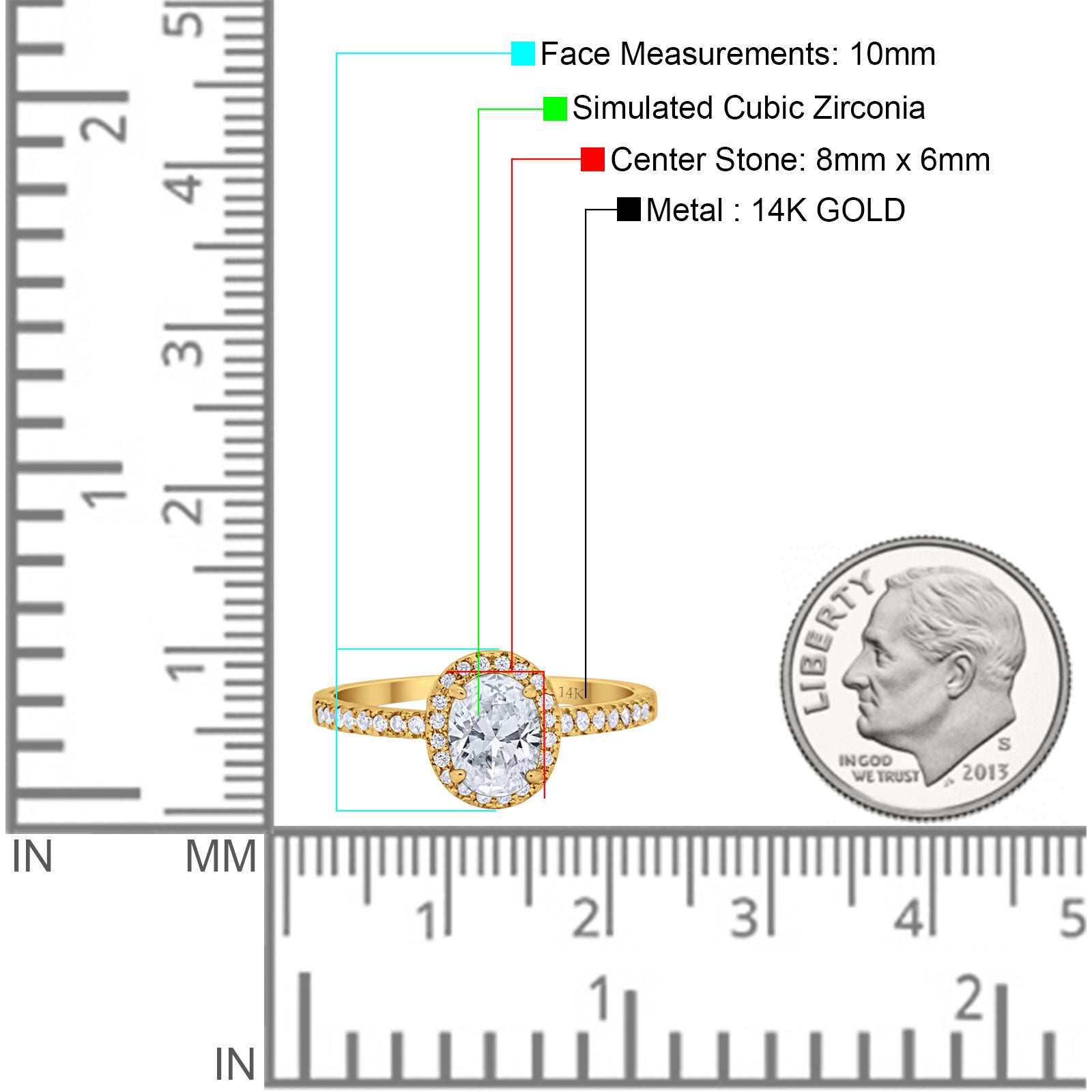 14K Gold Halo Engagement Ring Oval Shape Simulated Cubic Zirconia