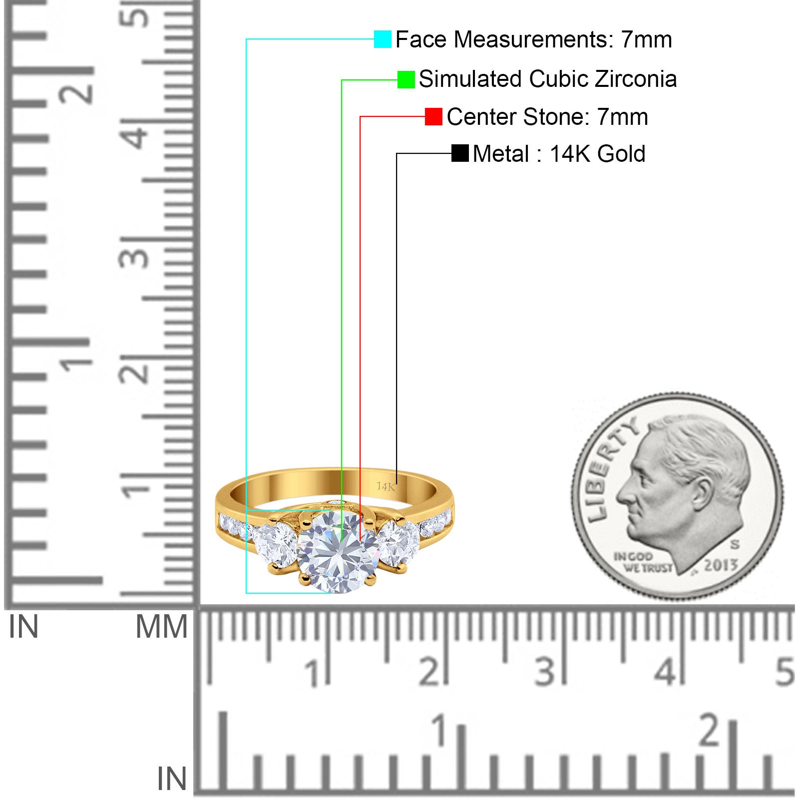 14K Gold Three Stone Round Shape Wedding Ring Simulated Cubic Zirconia