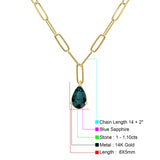 14K Gold 1,10ct Blauer Saphir Birnenanhänger Büroklammerkette Halskette 16" lang