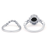 Vintage Style Round Natural Black Onyx Floral Bridal Set Engagement Ring