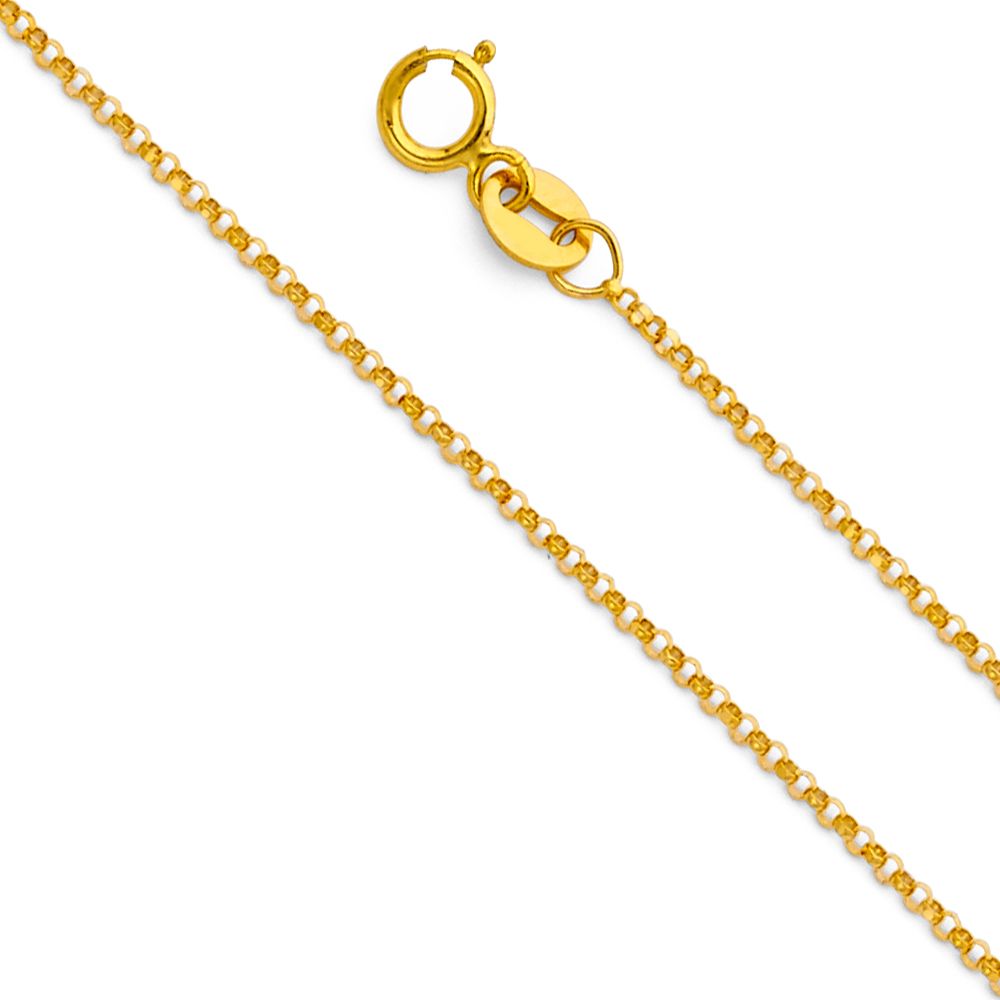 14K Yellow Gold Engravable Round Pendant 25mmX19mm With 16 Inch To 22 Inch 1.2MM Width Classic Rolo Cable Chain Necklace