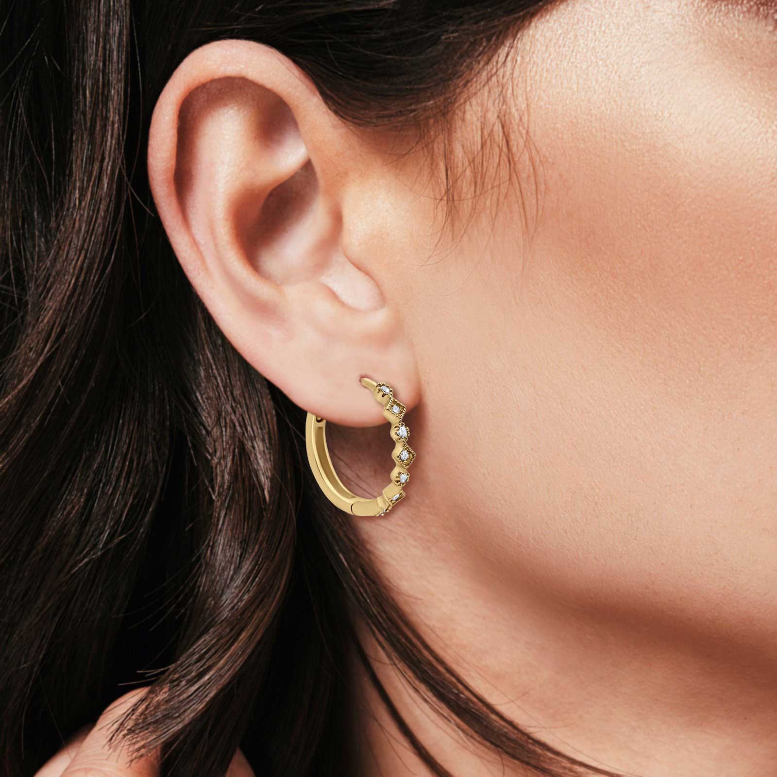 14K Gold Art Deco Round Simulated Cubic Zirconia Huggie Hoop Earrings