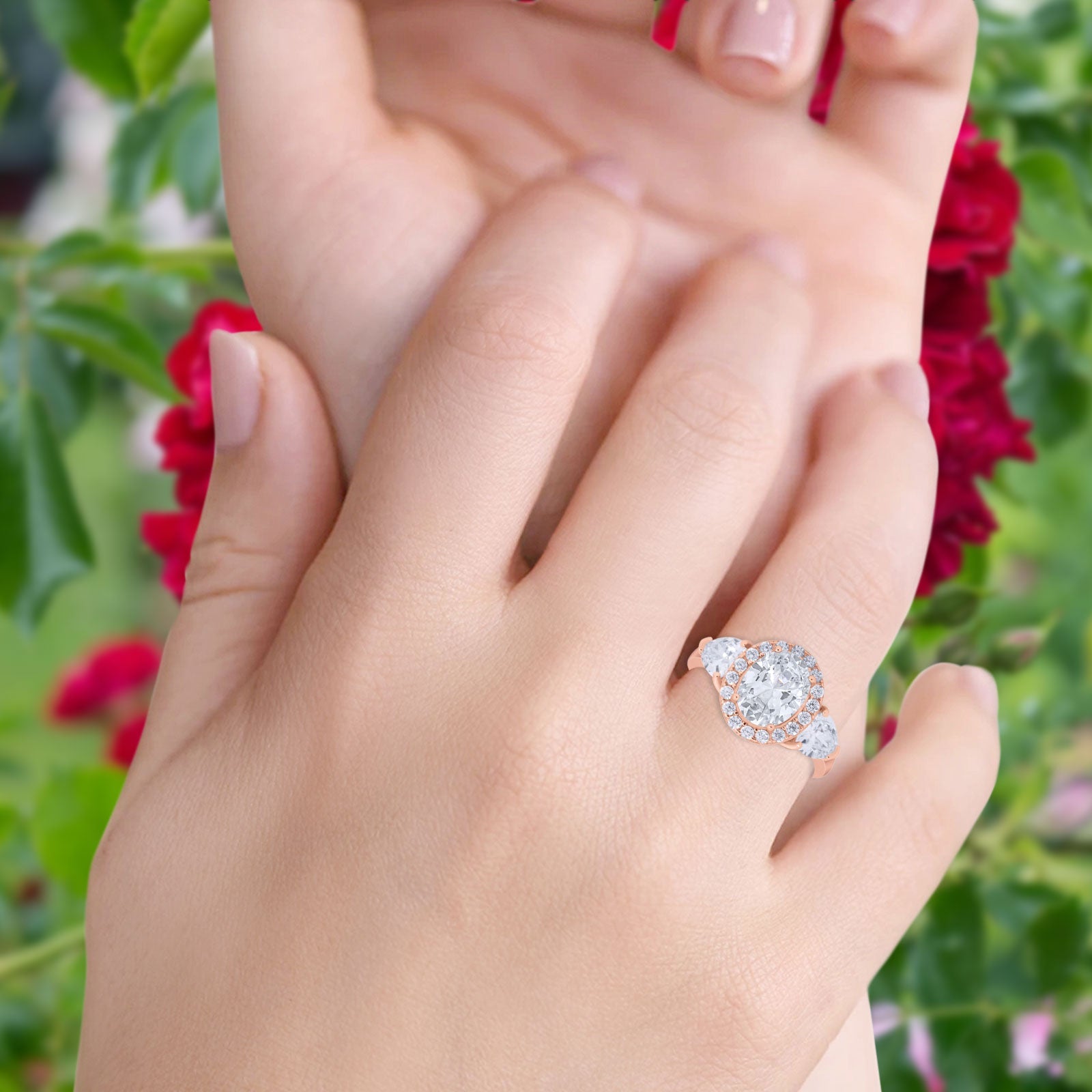 14K Gold Three Stone Oval Shape Bridal Simulated Cubic Zirconia Wedding Engagement Ring