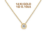 14K Gold 0.10ct Round Diamond Bezel Solitaire Pendant Necklace 18"