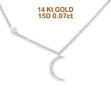 14K Gold 0.07ct Diamond Star Crescent Moon Trendy Necklace 18