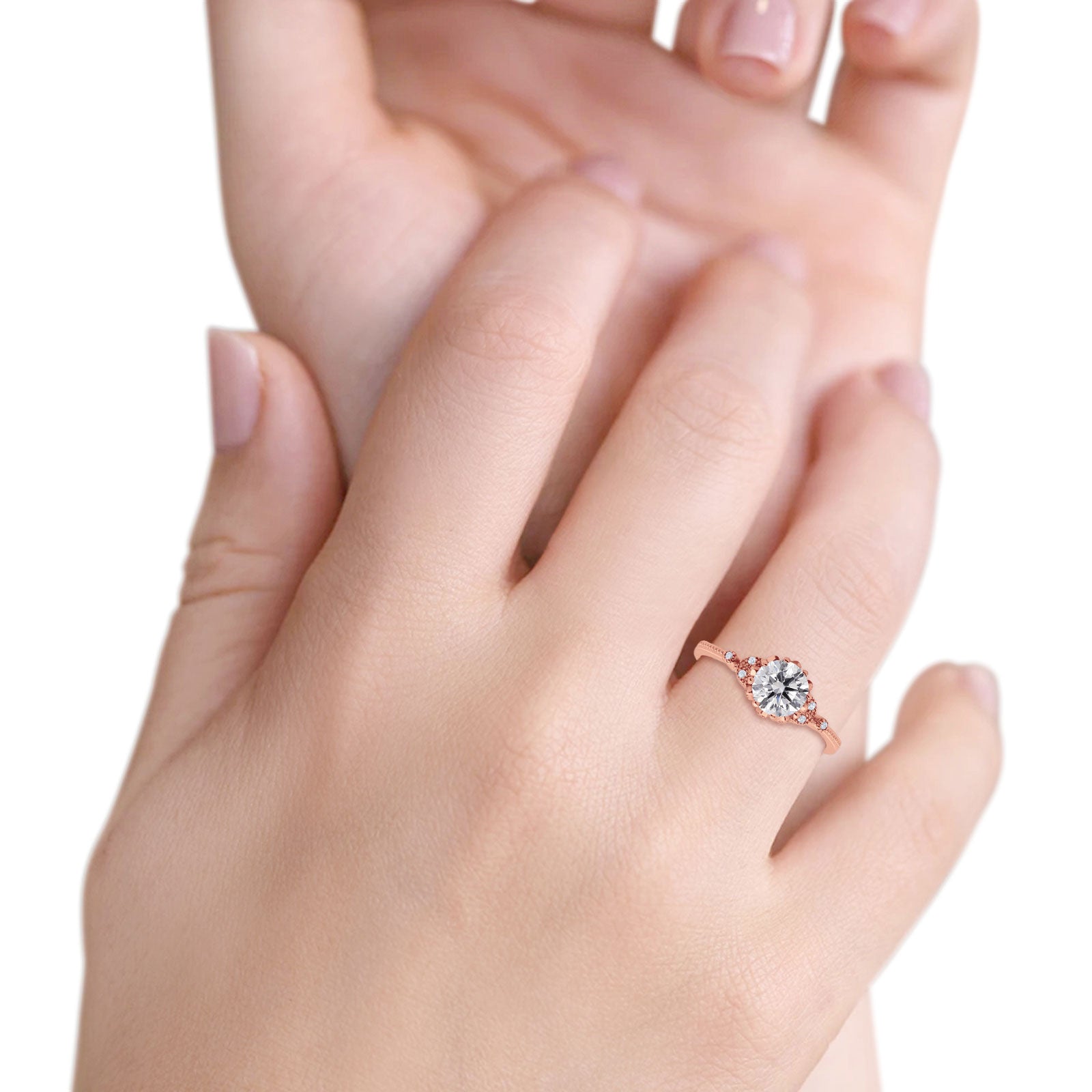 14K Gold Round Art Deco Fashion GIA Certified 6.5mm D VS1 1.01ct Lab Grown CVD Diamond Engagement Wedding Ring