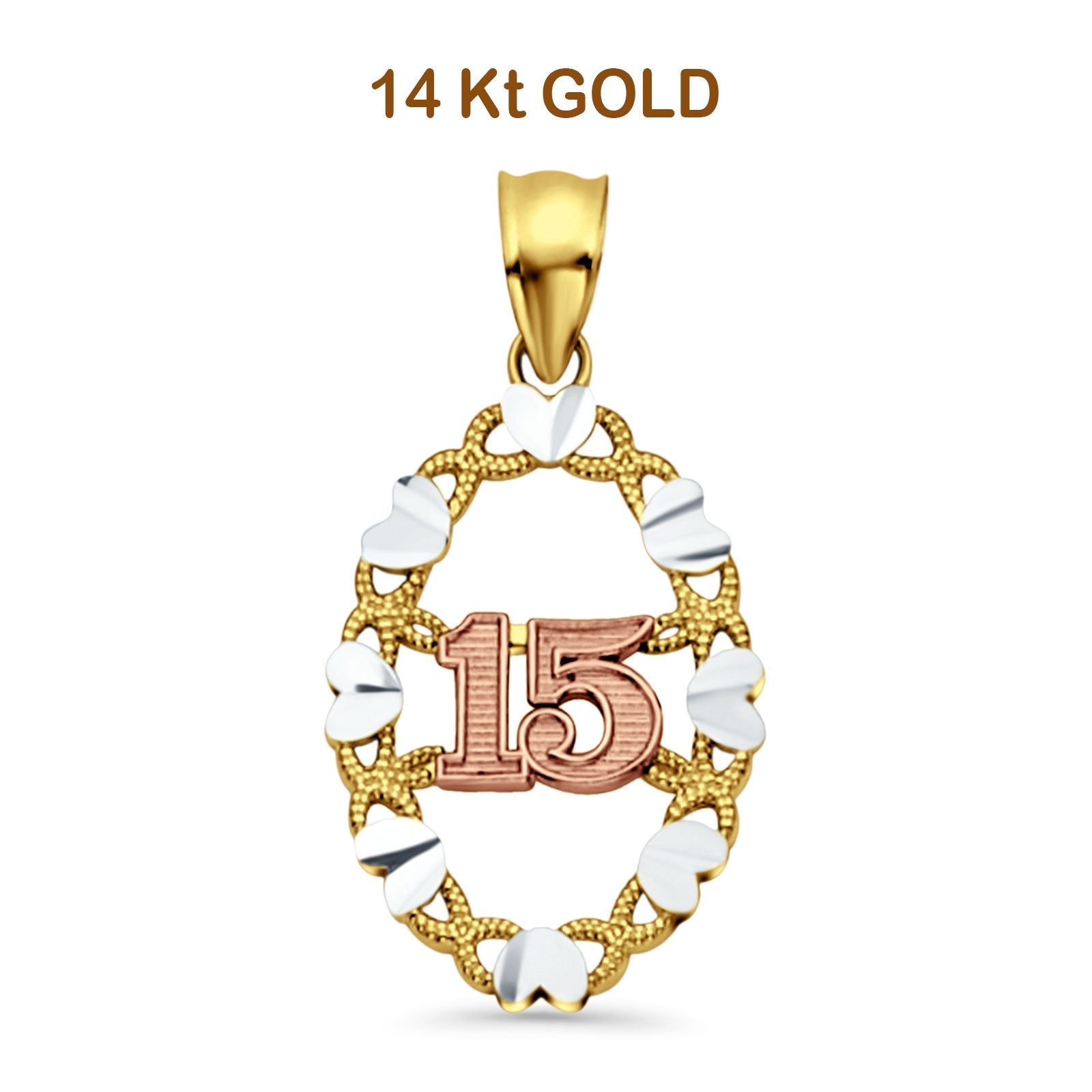 14K Tri Color Gold 15 Years Pendant 26mmX14mm 1.2 grams