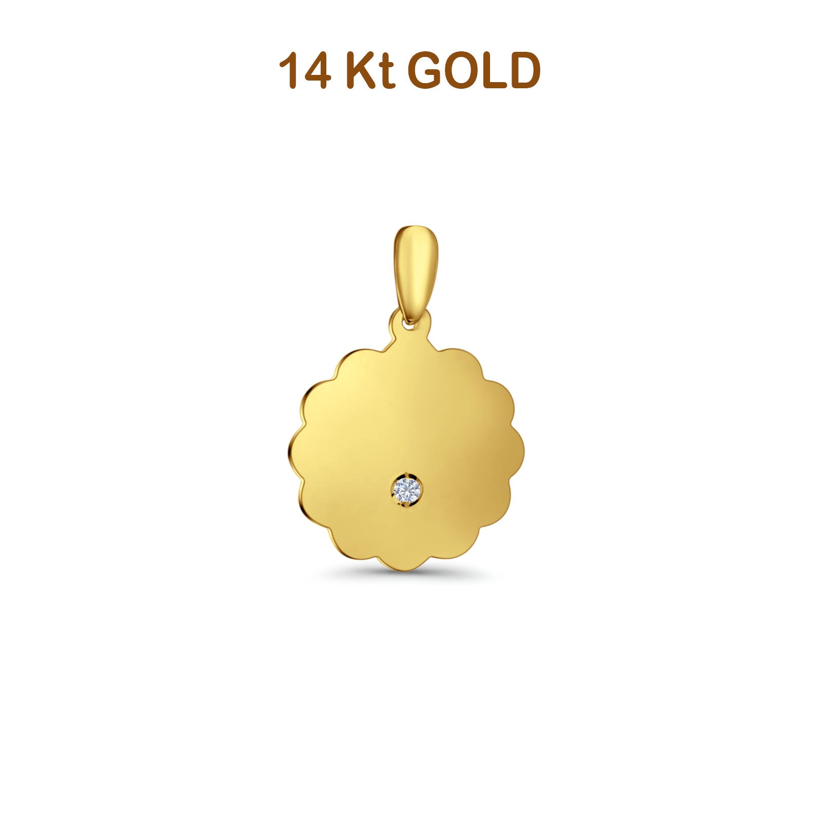 14K Yellow Gold Engravable CZ Flower Round Pendant 24mmX16mm 1.7 grams