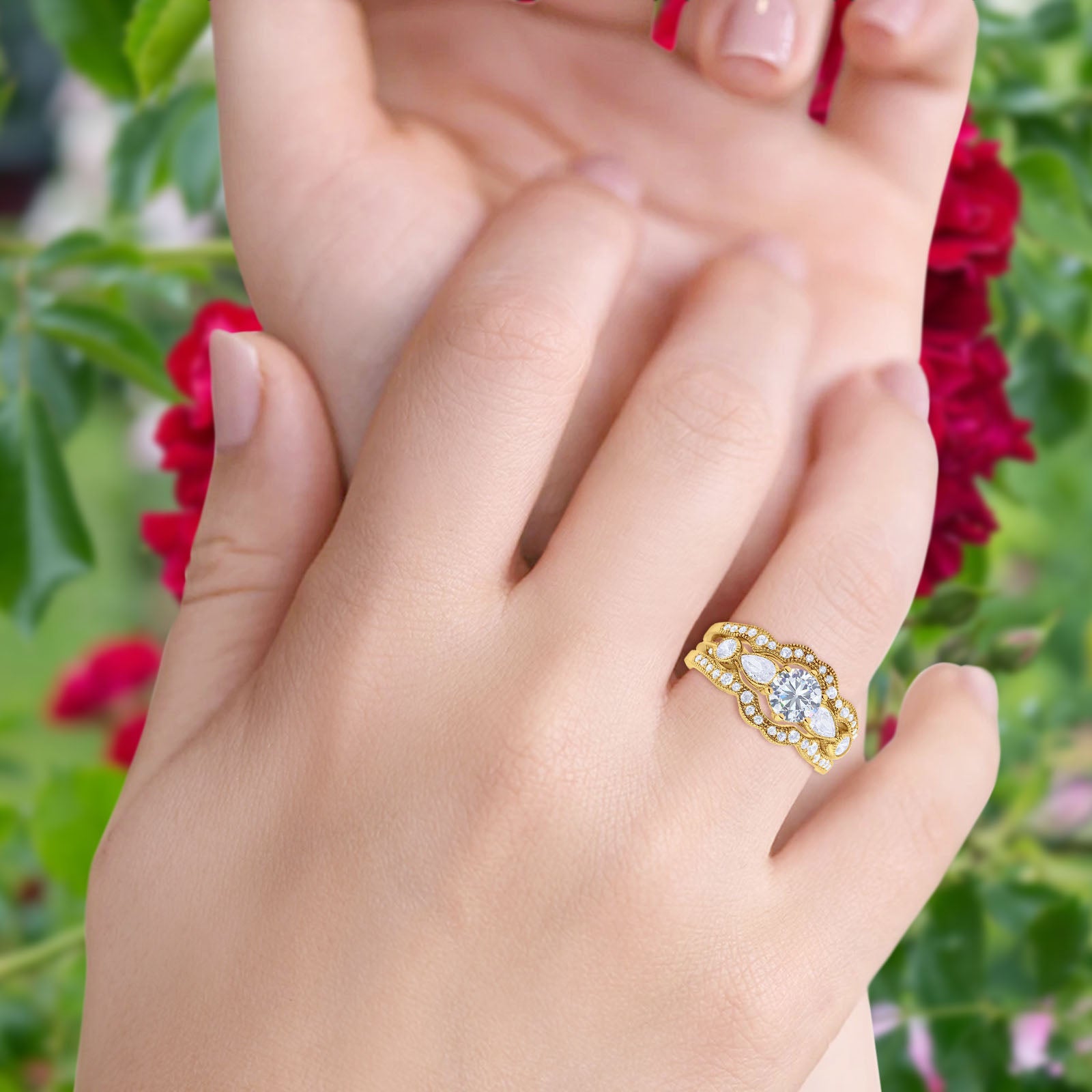 14K Gold Three Piece Wedding Promise Bridal Set Round Shape Simulated CZ Band Engagement Ring