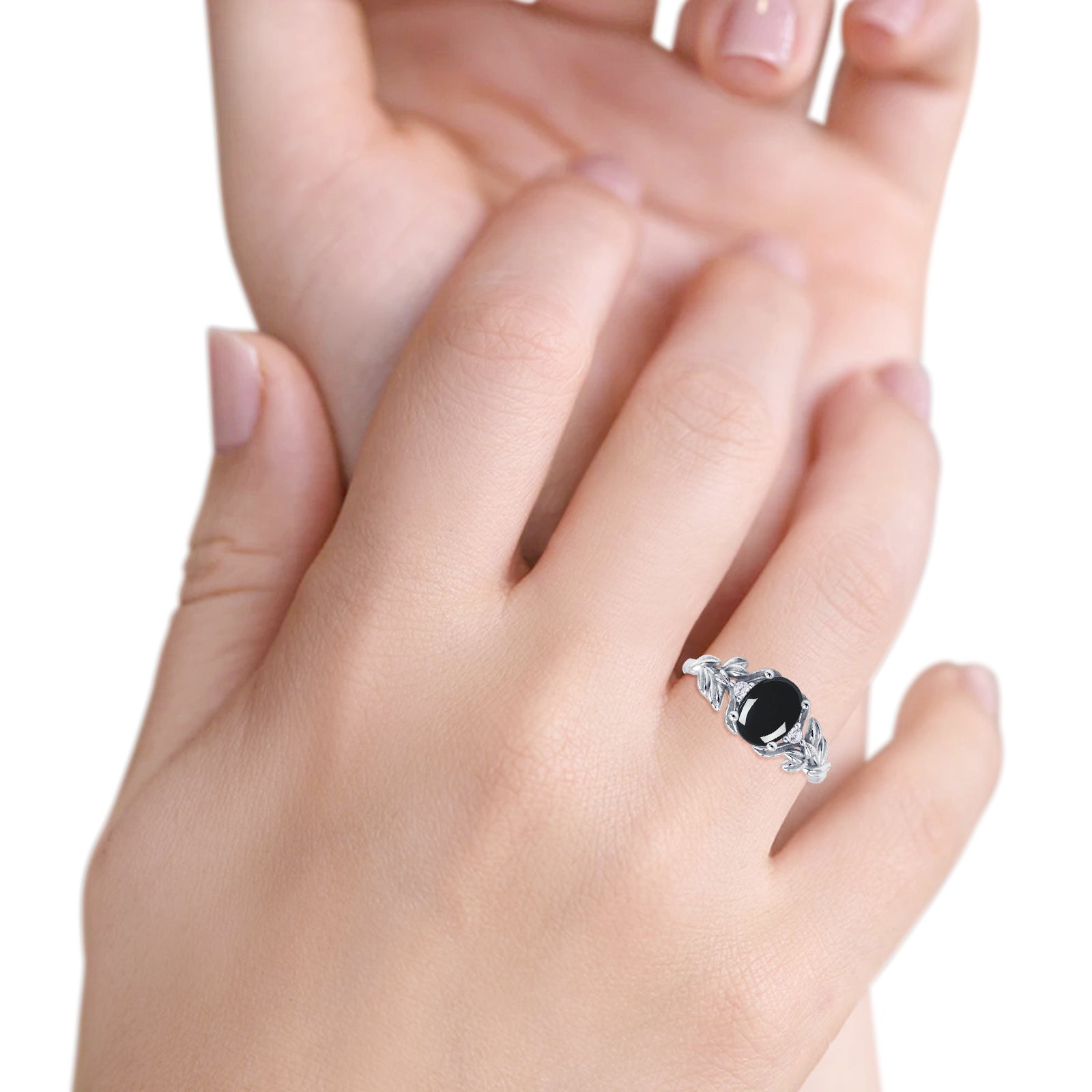 Leaf Style Oval Natural Black Onyx Vintage Engagement Ring